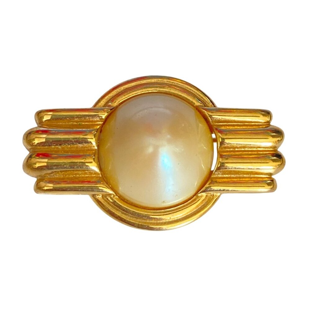 Givenchy Art Deco Style Gold Tone Brooch With Large Faux Pearl Center Pin